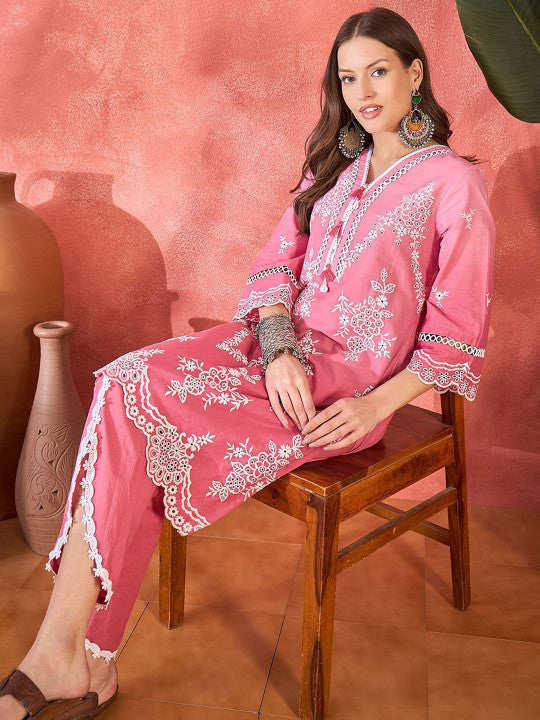 Sangria Chikankari Embroidered 100% Cotton Kurta & Dhoti Pants