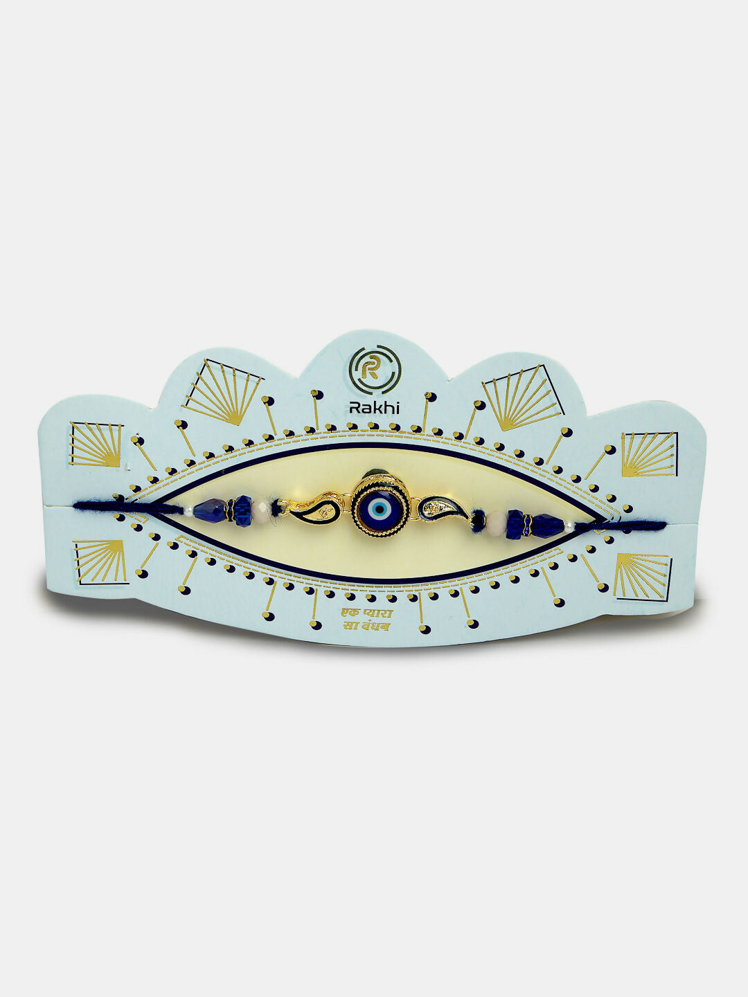 NVR Women & Men Set of 2 Blue Evil Eye Beaded Bhaiya Bhabhi Rakhi With Roli Chawal & Chocolate