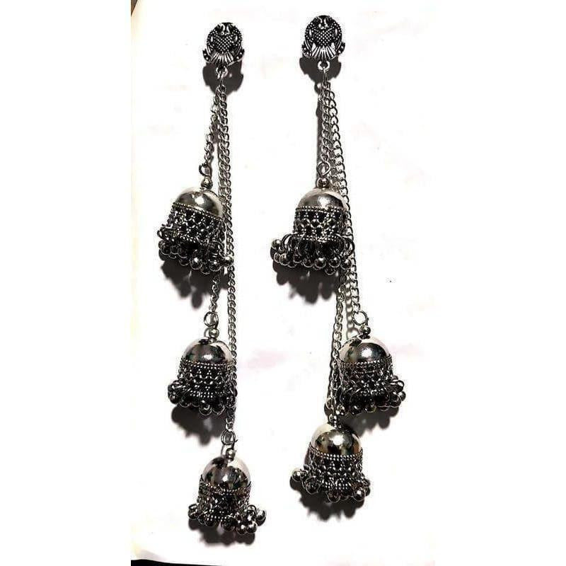 MS Fashion India Antique Silver Long Chain Triple Afghani Hanging Kashmiri Earrings
