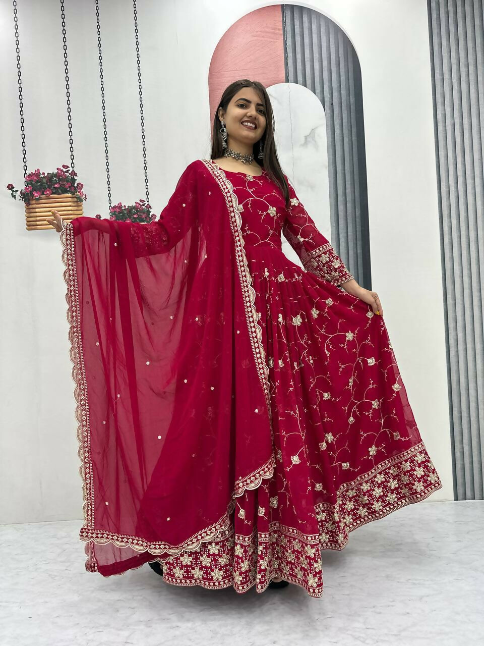 Teeya Creation Womens New Heavy Fox Georgette Fabric With Heavy Embroidery Work Red Kurta Set