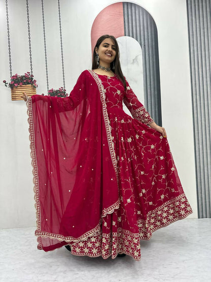 Teeya Creation Womens New Heavy Fox Georgette Fabric With Heavy Embroidery Work Red Kurta Set
