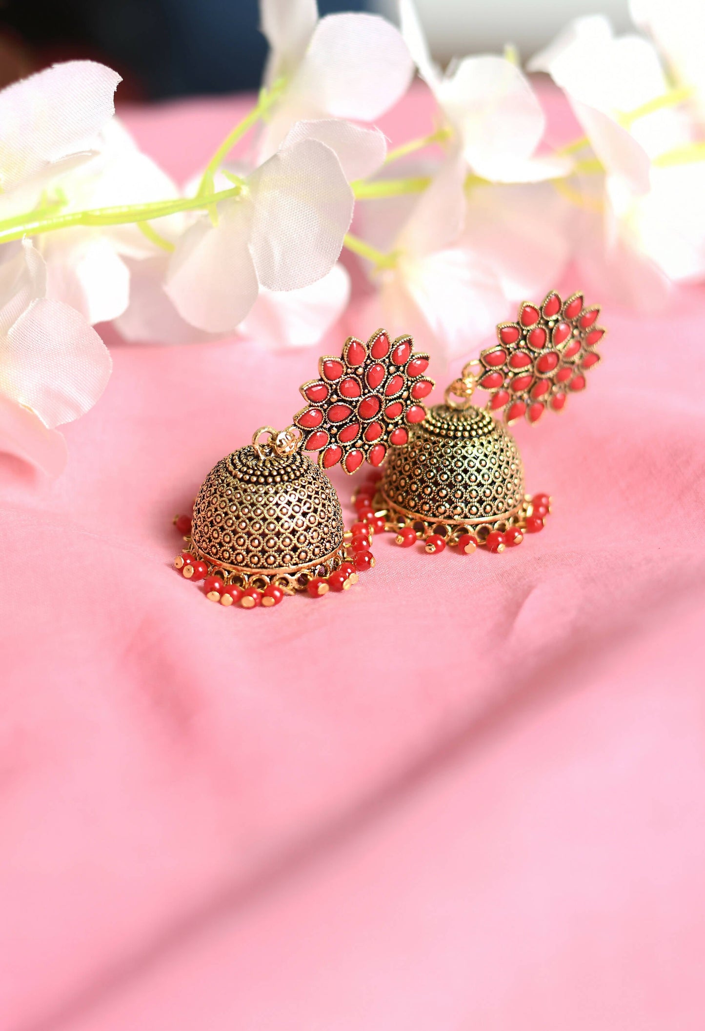 Mominos Fashion Joharkamal Kundan work Jhumka with Red Beads