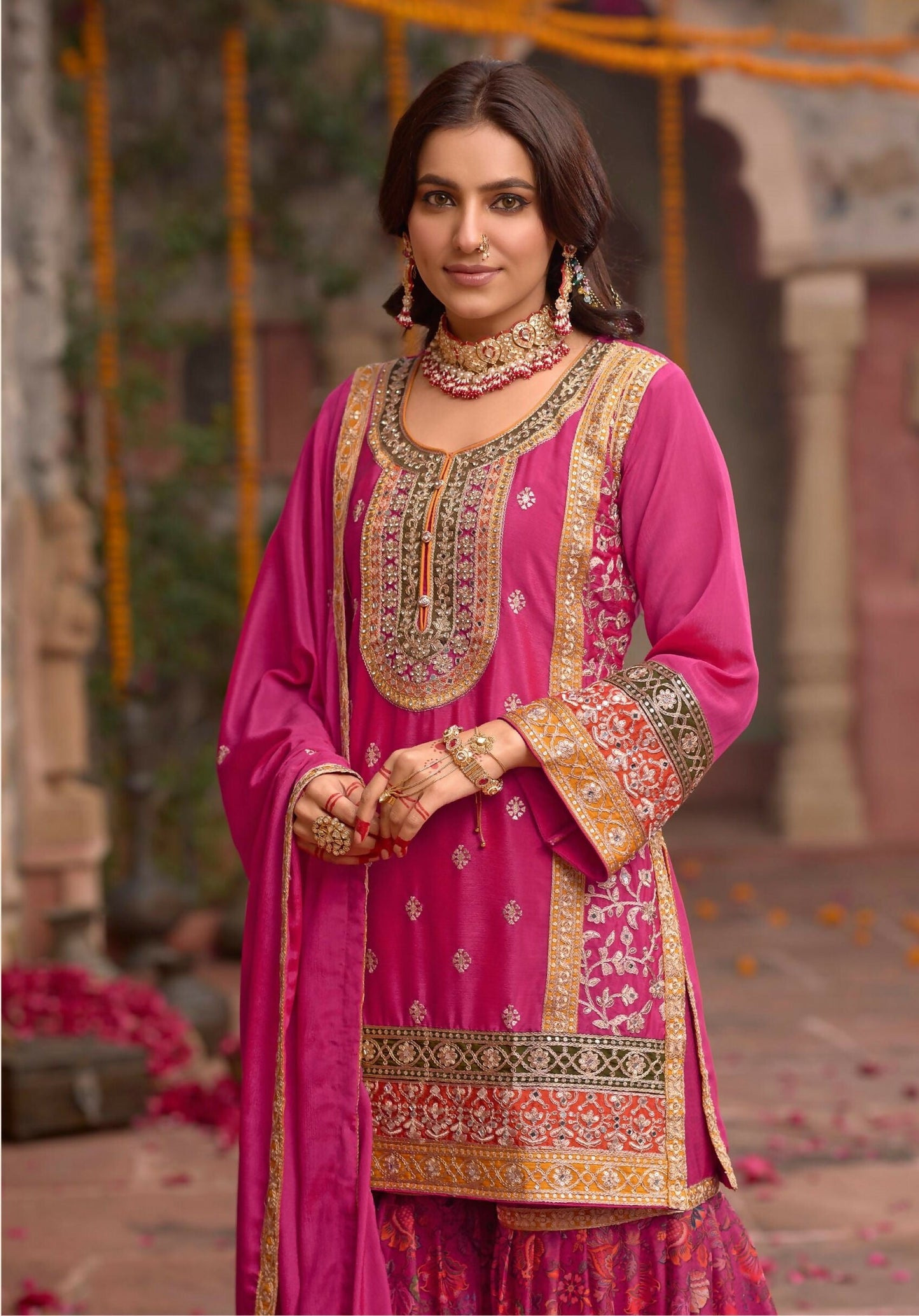 Anaita Rani-Pink Chinon Readymade Palazzo Suit with Codding Dori & Sequence Work