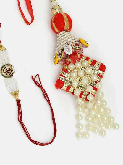 NVR Women & Men Set of 2 White Pearl Bhaiya Bhabhi Rakhi With Roli Chawal