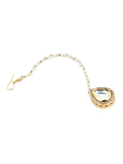 Gold-Polished White Kundan-Studded Pearl Beaded Maang Tikka - Ruby Raang