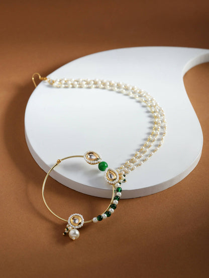 Gold-Polished White Green Kundan-Studded Pearl Beaded Nosepin - Ruby Raang