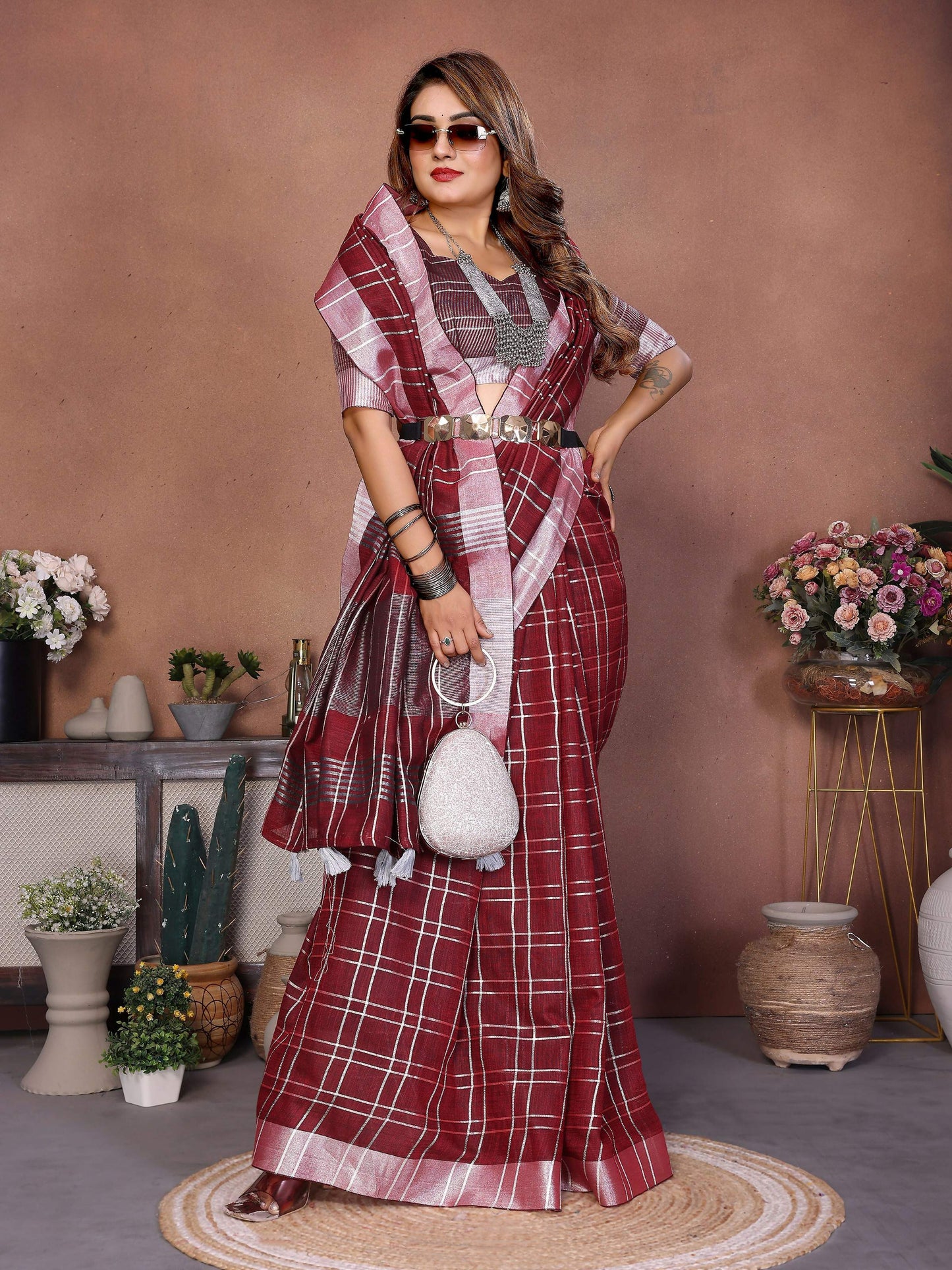 Aastha Fashion Red Linen Weaving Saree