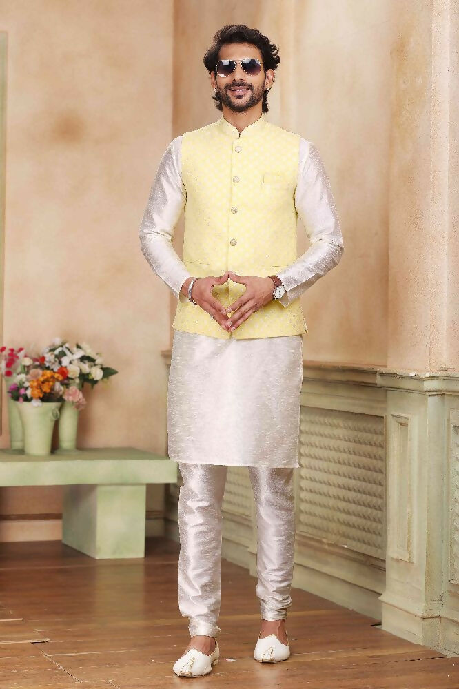 Raivat Ethnic Jacquard Banarasi Silk Woven Work 3 Pics Jacket Set In Yellow Colour