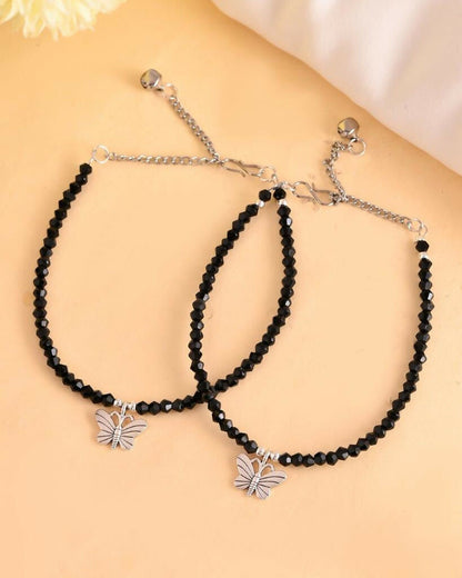 VOJ Set of 2 Butterfly Black Beads Anklet