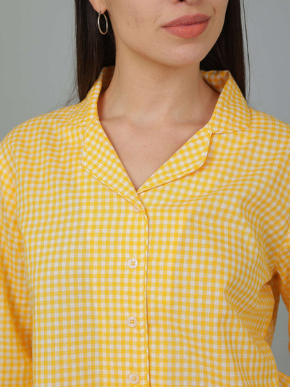 Breathables Women Cotton Checks Night Suit Shirt And Pants Co-Ord Set I Night Wear-Yellow