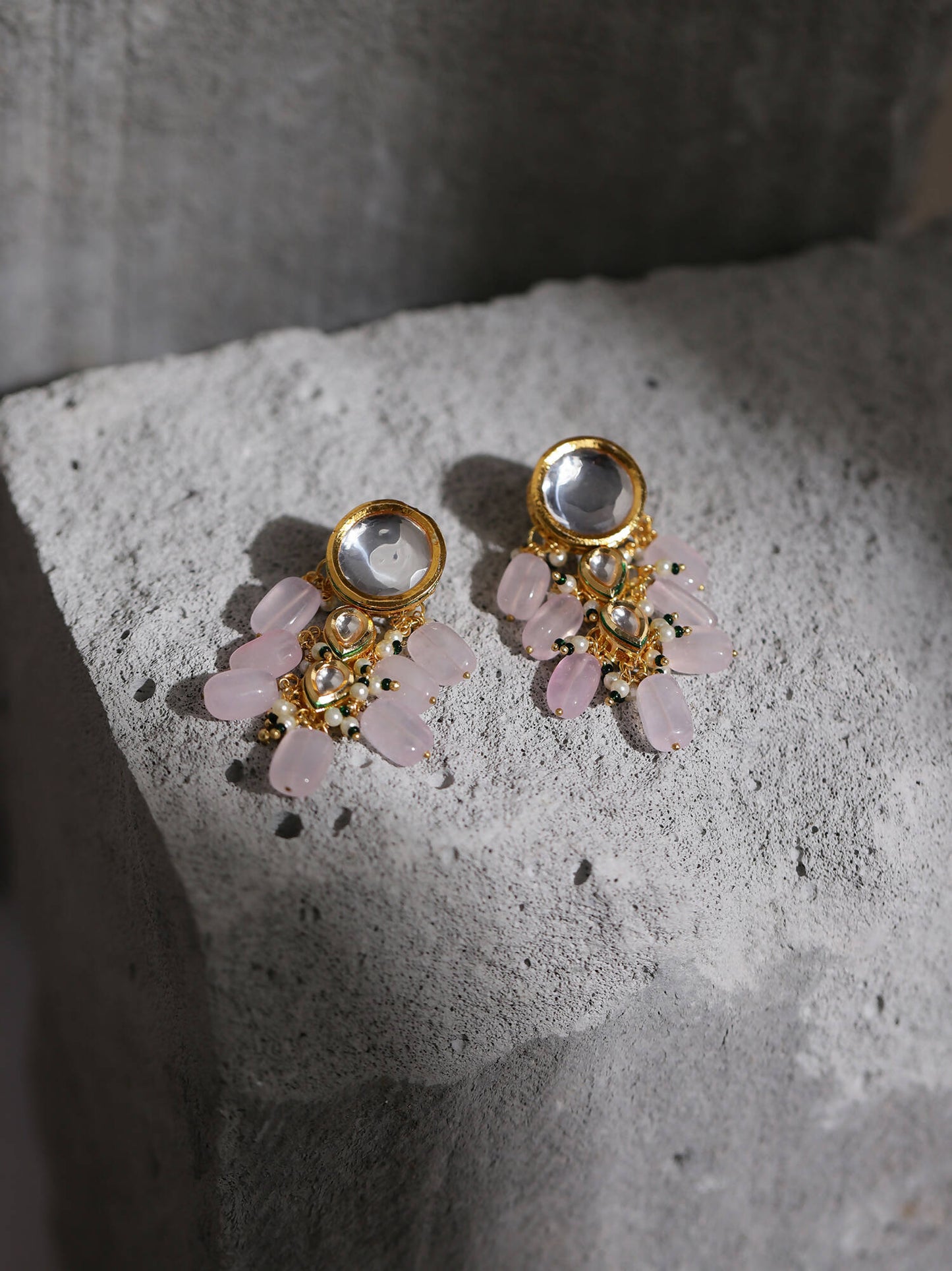 Gold-Toned White Kundan Contemporary Gold-Polished Drop Earrings - Ruby Raang