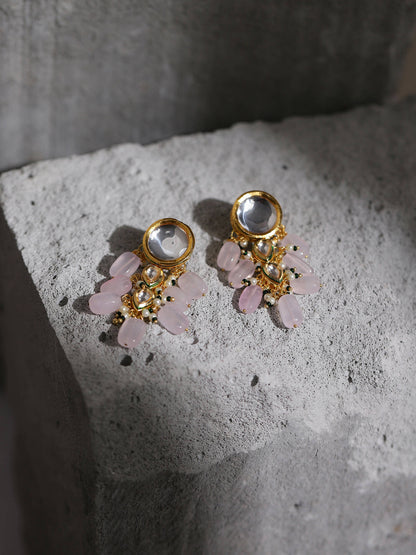 Gold-Toned White Kundan Contemporary Gold-Polished Drop Earrings - Ruby Raang