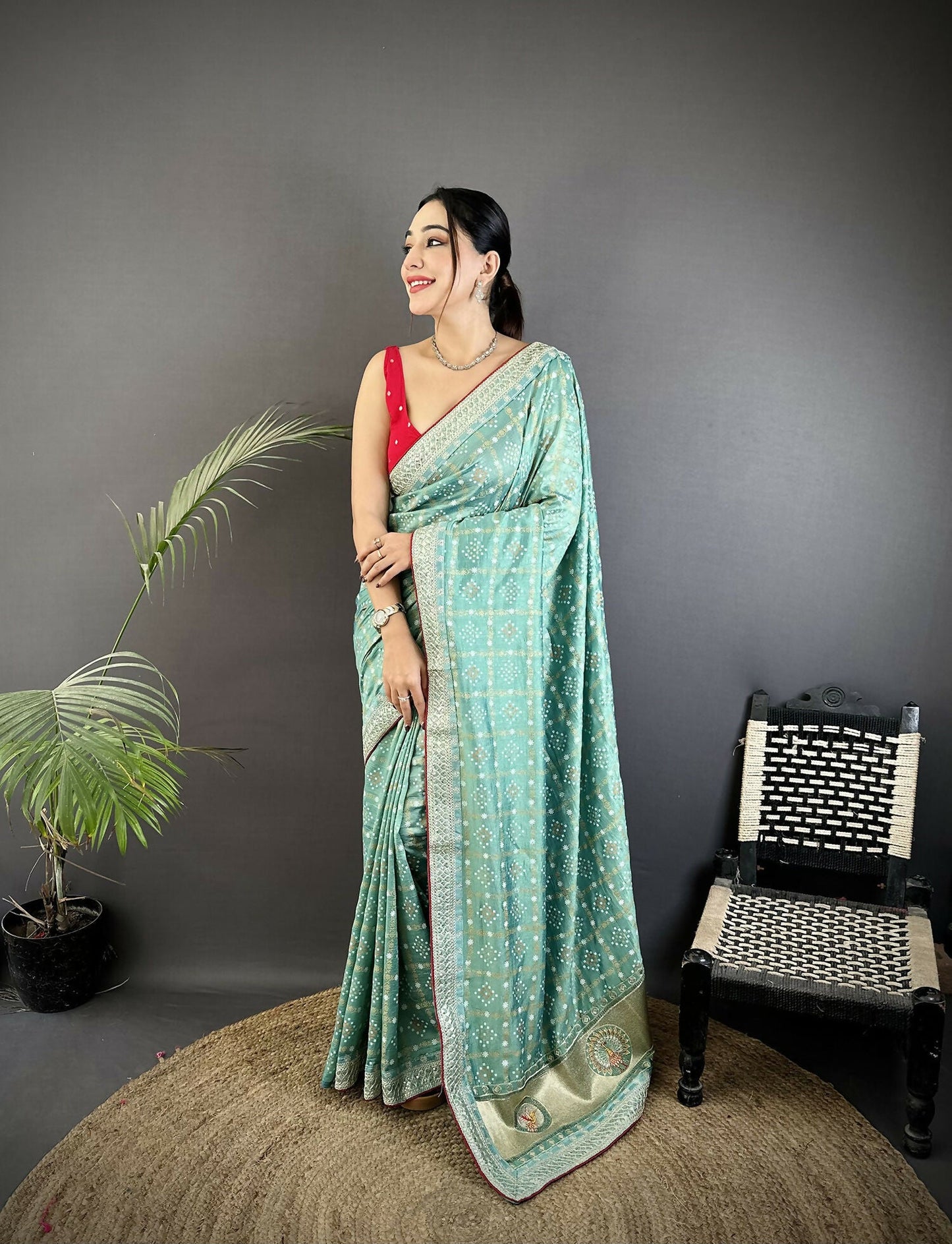 Joban Fashion Sea Green Bandhej Bandhani Vichitra Silk Bandhani Prints Saree