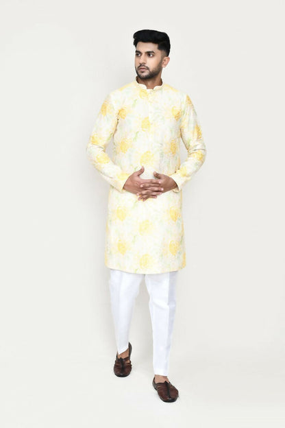 Joban Fashion Yellow Colored Rayon Based With Digital Print Fabric Kurta With Straight Fit Pant