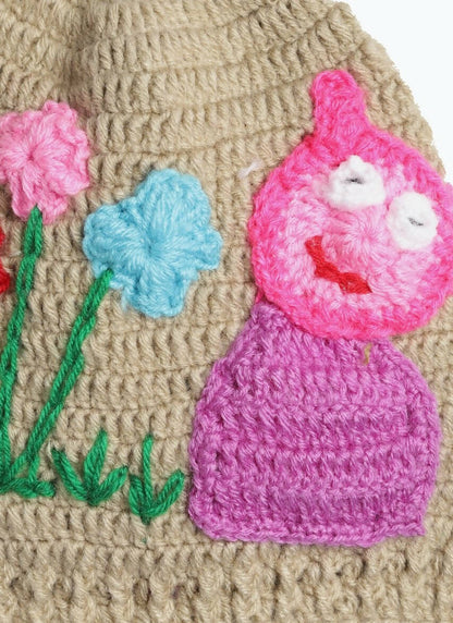 Chutput Kids Woollen Hand Knitted Flower And Animal Detail Cap - Beige