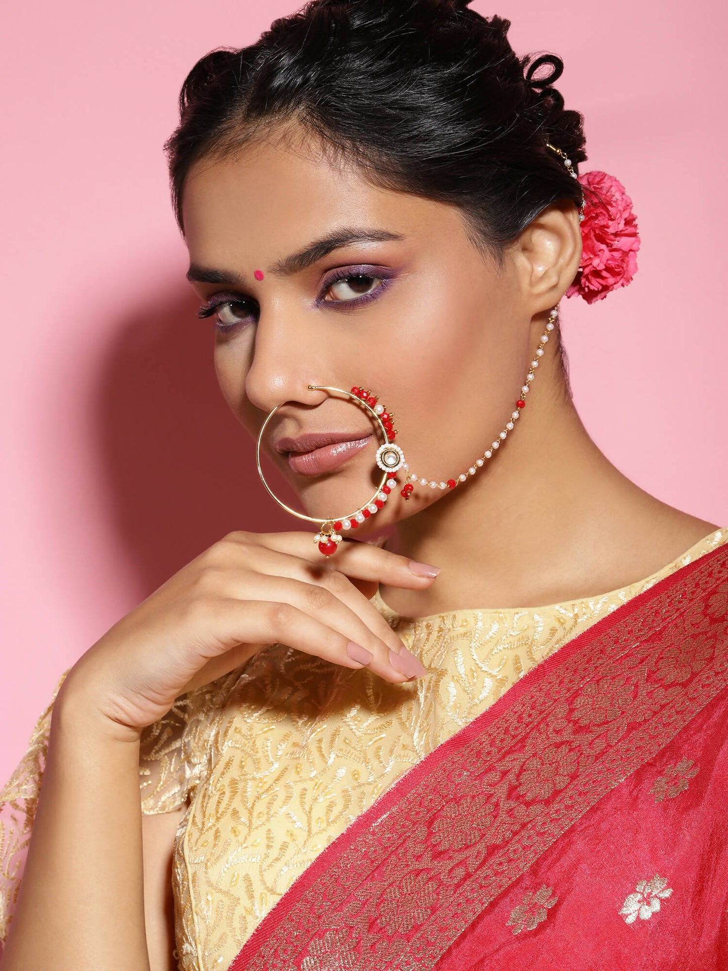 White Red Gold-Polished Kundan-Studded Beaded Nosepin - Ruby Raang