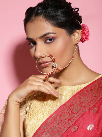 White Red Gold-Polished Kundan-Studded Beaded Nosepin - Ruby Raang
