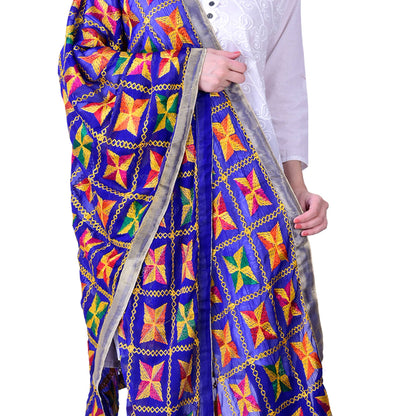 SWI Stylish Women's Embroidered Phulkari Chiffon Royal Blue Dupatta