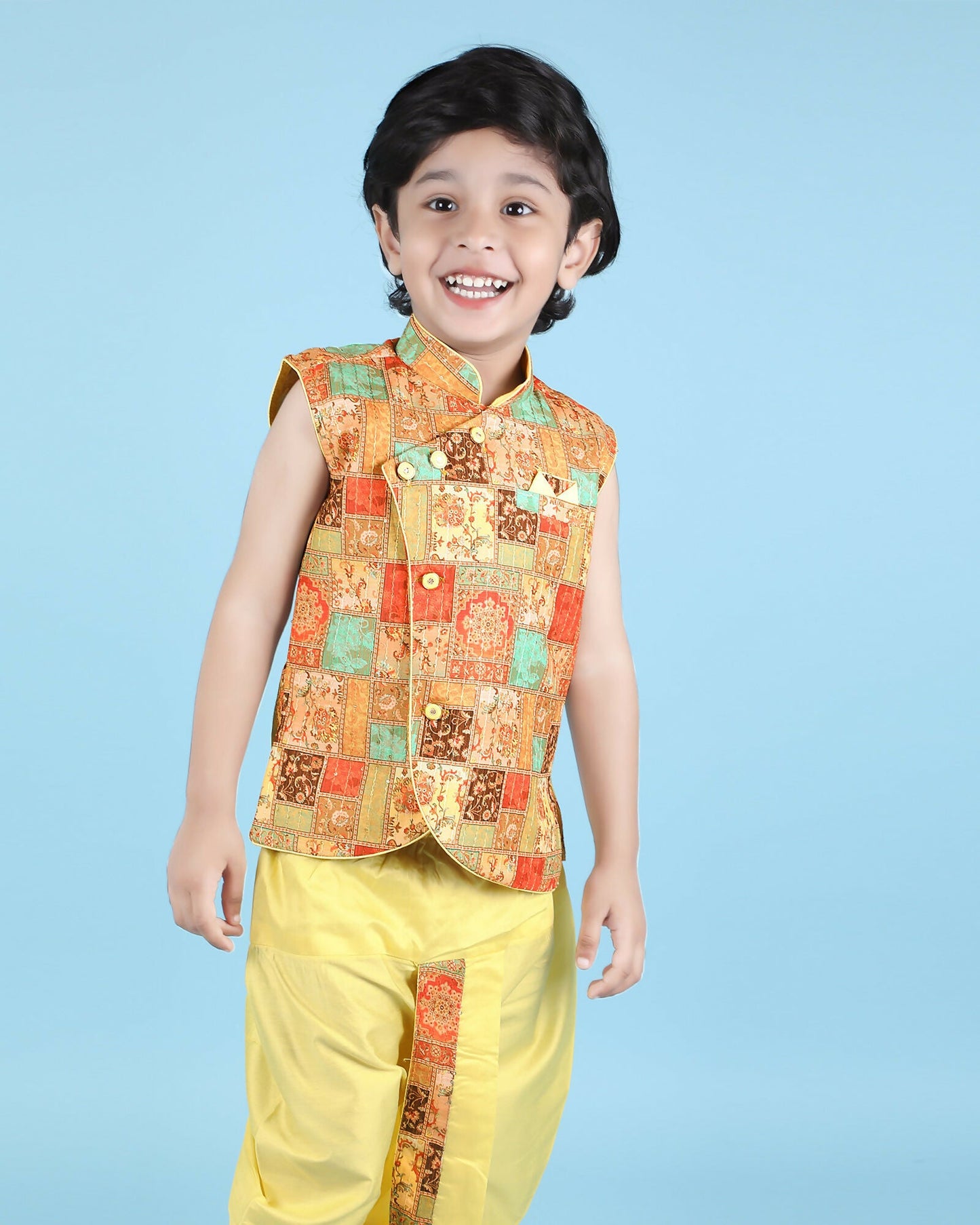 Joban Fashion Kids Island Cotton Sleeveless printed Kurta and Solid Dhoti - Yellow