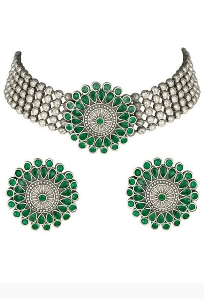 Mominos Fashion Johar Kamal Oxidised Silver-Plated Brass Finish Kundan Choker For Women (Green)