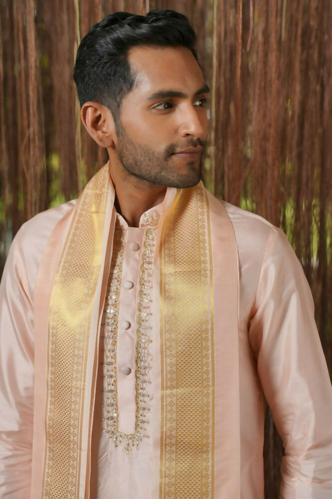 Light Pink Kanjivaram Machine Embroidered Pattu Set by Hilo Design