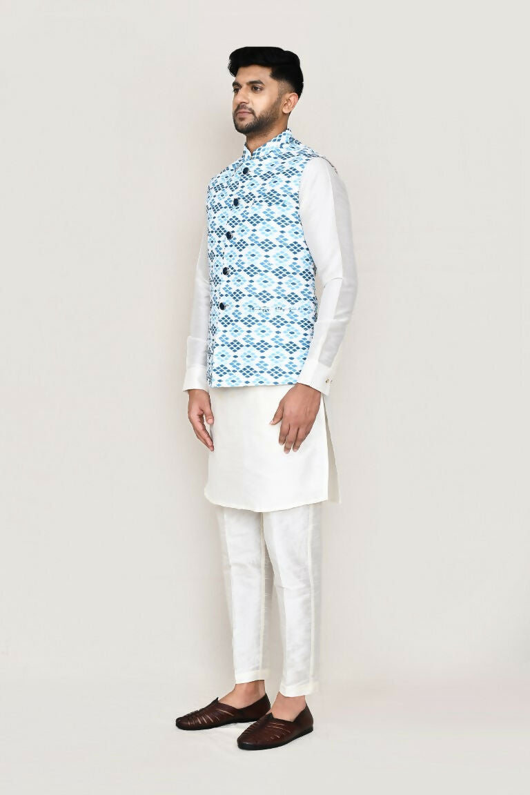 Joban Fashion White Colored Art Silk Fabric Kurta, Jacket With Straight Fit Pant