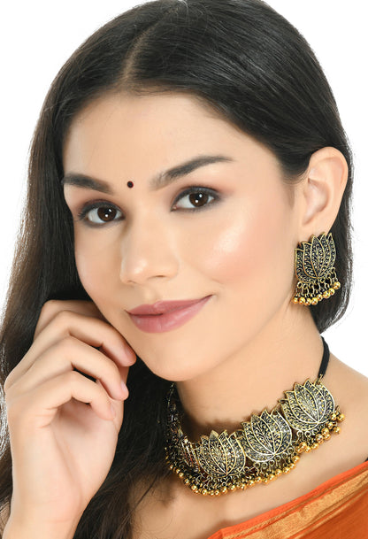 Mominos Fashion Johar Kamal Gold-Polished Brass Finish Lotus Design Choker For Women