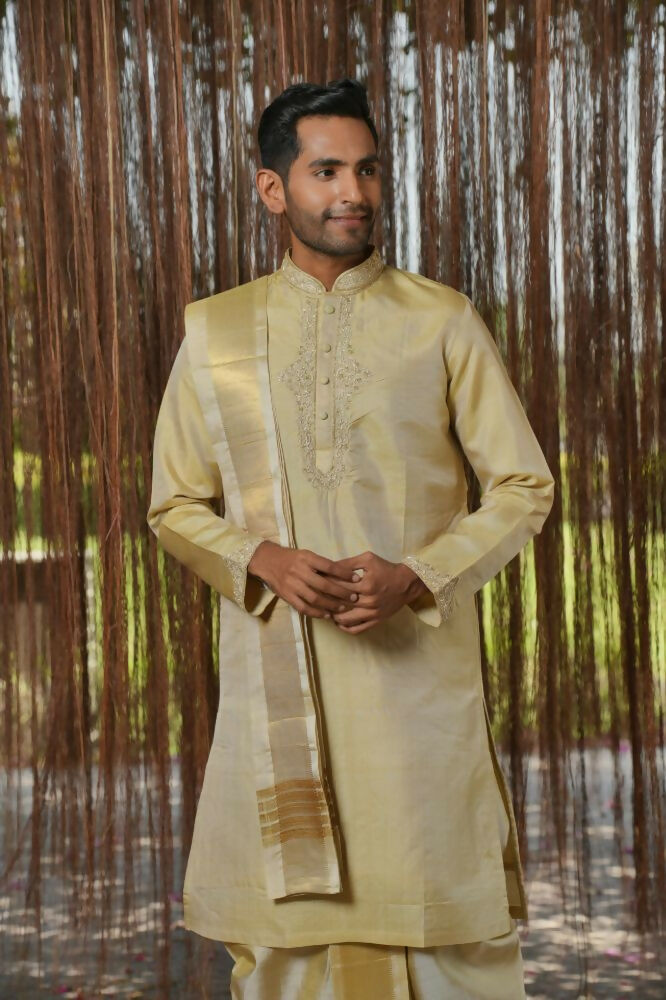 Olive Kanjivaram Machien Embroidered Pattu Set by Hilo Design