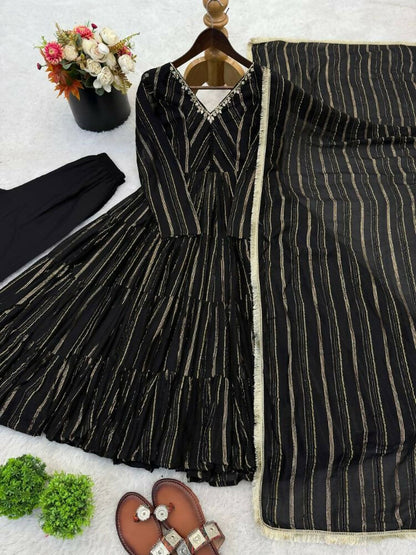Teeya Creation Black Color Mal Chanderi Silk Hand Embroidery Work Long Gown