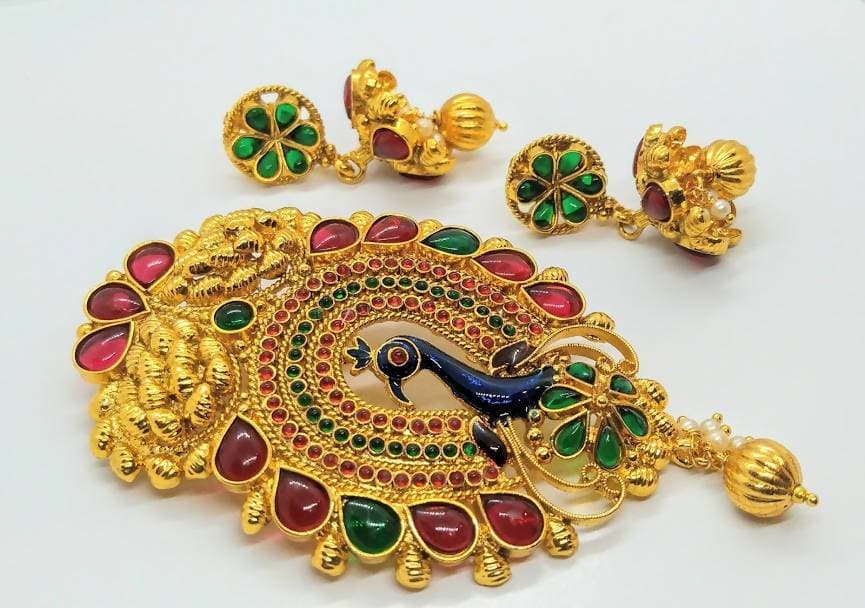 Gold-Polished Multicolor Kemp Peacock Pendant Set