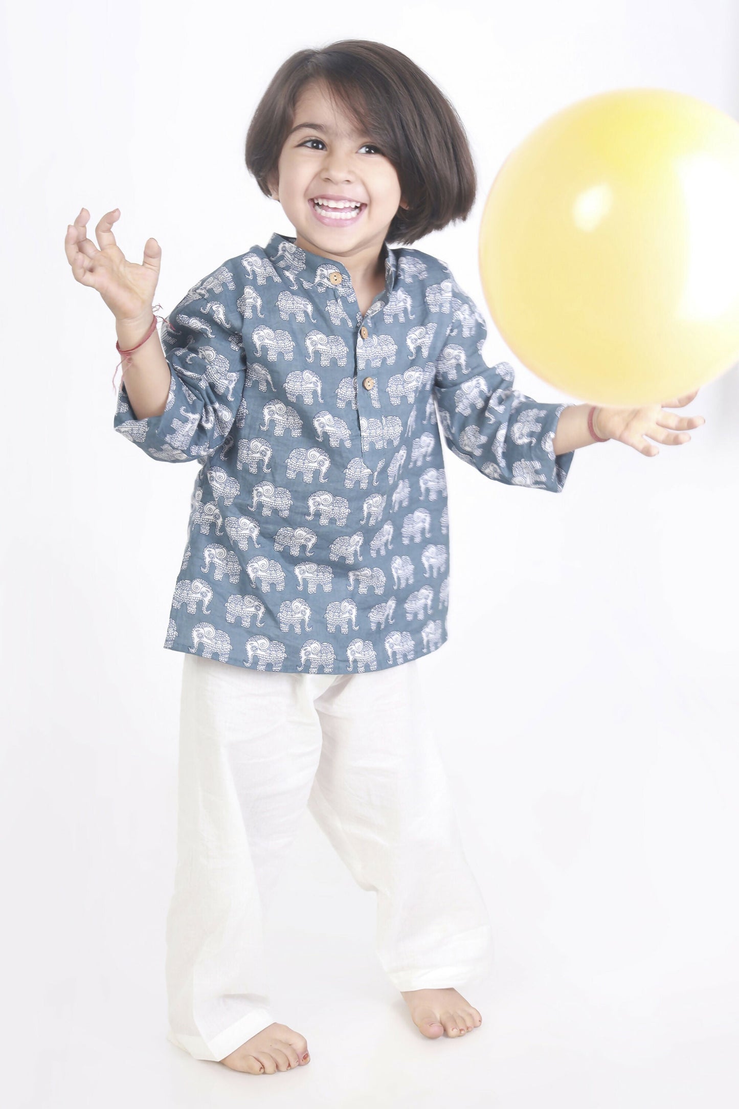 Breathables Kids Boys & Girls Cotton Night Suit – Grey Elephant Print Kurta & Pyjama Co-Ord Set