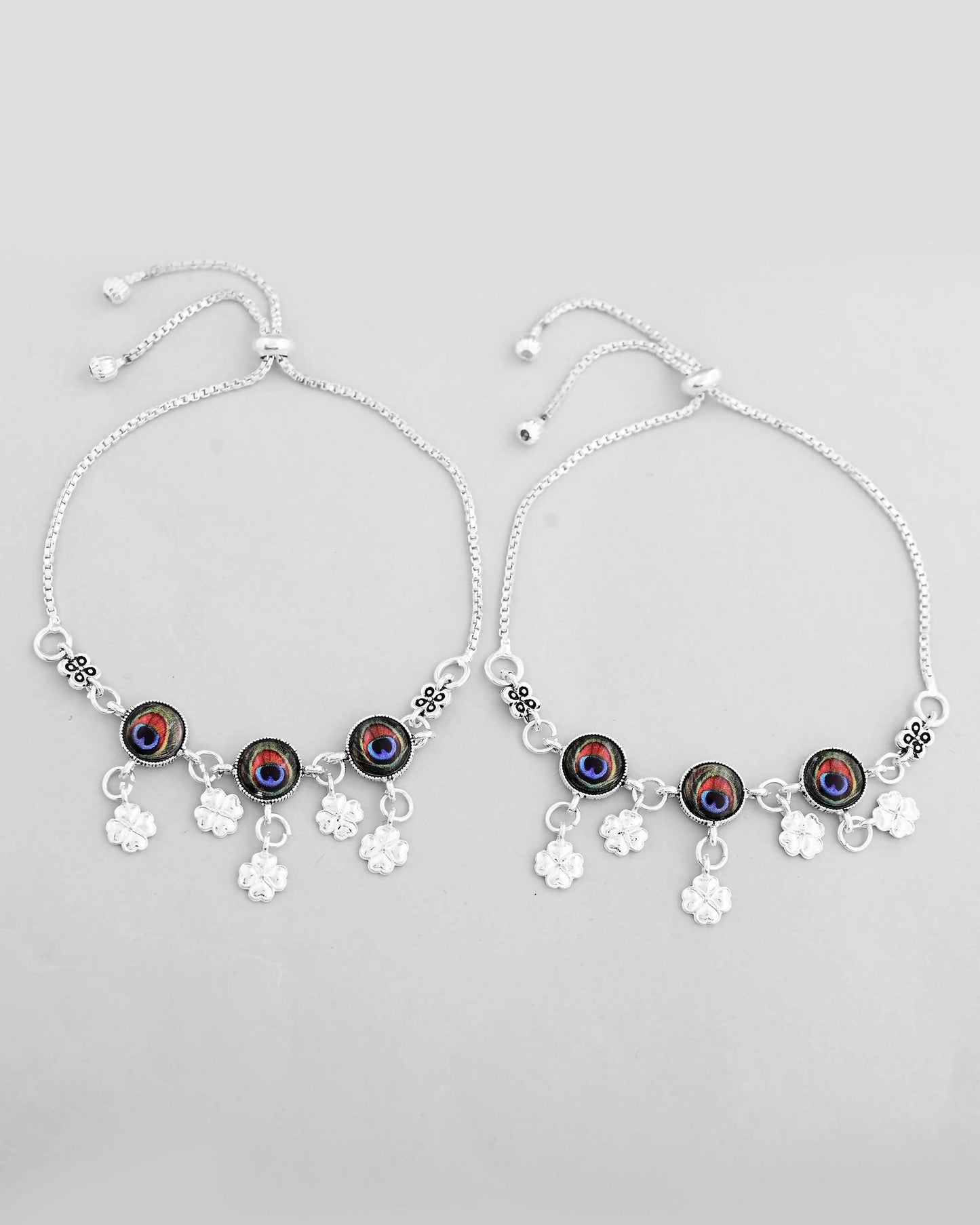 VOJ Set of 2 Silver Plated Peacock Printed HandCrafted Anklet