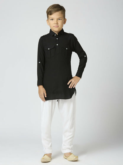 Joban Fashion Kids Island Full Sleeves Cotton Pathani Kurta and Pyjama Set - Black