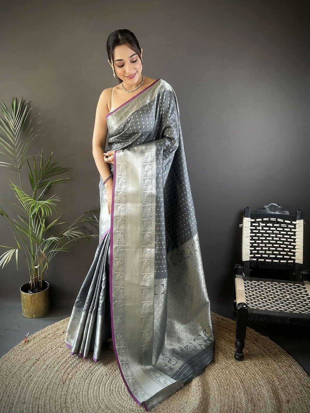 Joban Fashion Grey Small Butti Banarasi Silk Sarees