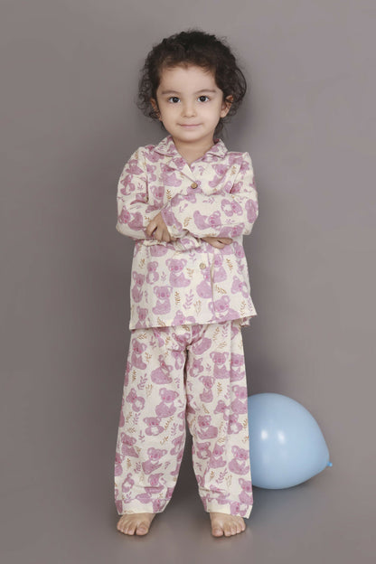 Breathables Kids Cotton Night Suit – White & Pink Teddy Shirt & Pyjama Co-Ord Set For Boys & Girls