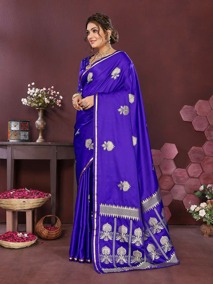 Joban Fashion Royal Blue Floral Motifs Banarasi Silk Sarees