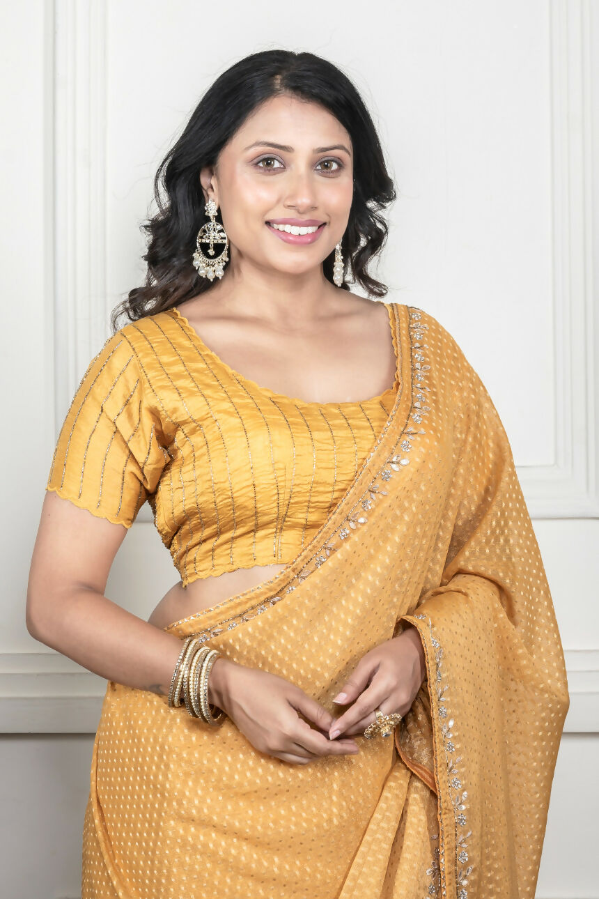 Morchari Yellow Pure Chiffon Hand Embroidery Saree And Stitched Blouse
