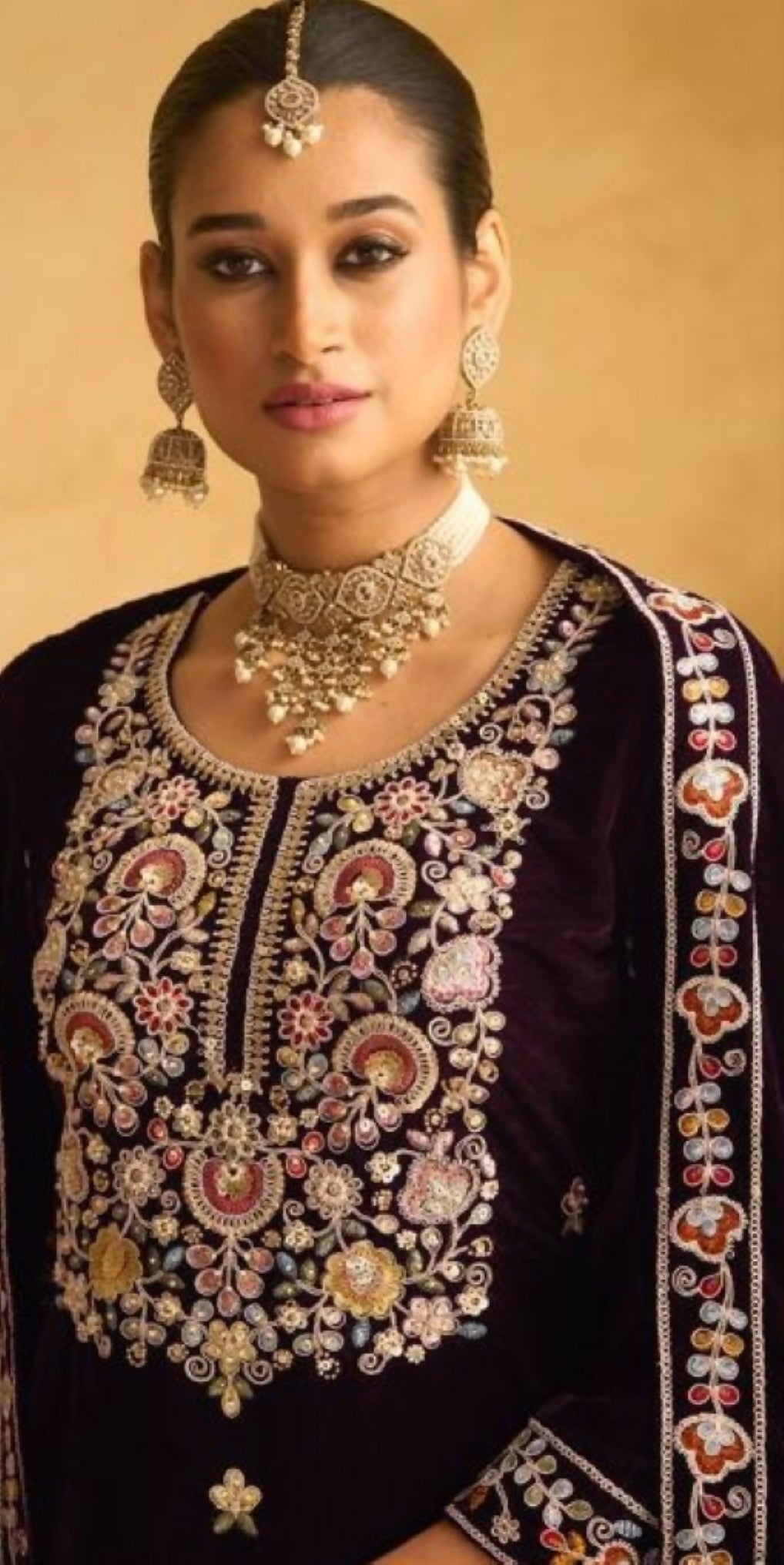 Anaita Dark Maroon Embroidered with Beads Velvet Stitched Plazo Suit