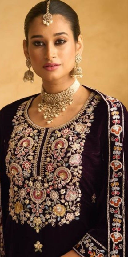 Anaita Dark Maroon Embroidered with Beads Velvet Stitched Plazo Suit