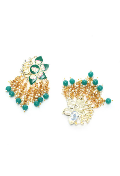 Mominos Fashion Johar Kamal Gold-Polished Kundan Green Meenakari Earrings