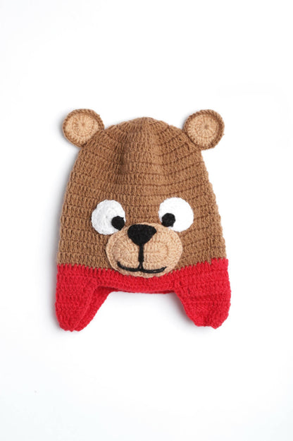 Chutput Kids Woollen Hand Knitted Bear Detail Cap - Brown