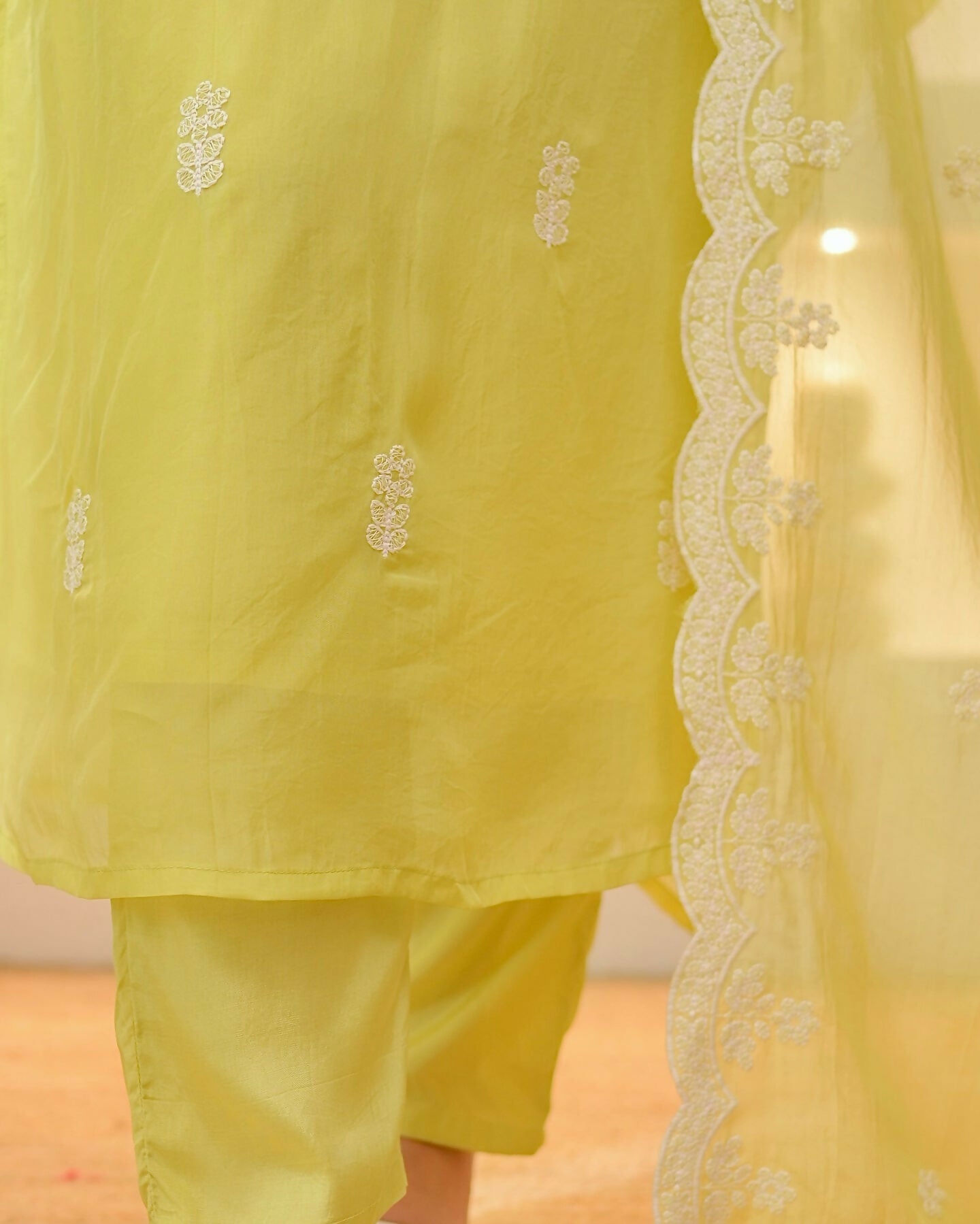 The52 Lemons Women's Beautiful Chikankari Work Chanderi Fabric Straight Kurta Pant and Dupatta Set