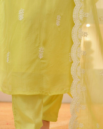 The52 Lemons Women's Beautiful Chikankari Work Chanderi Fabric Straight Kurta Pant and Dupatta Set