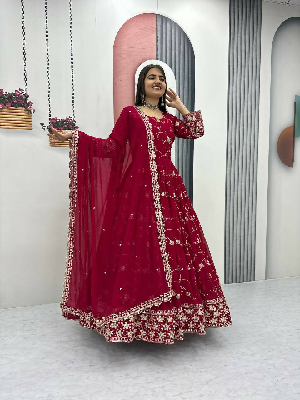 Teeya Creation Womens New Heavy Fox Georgette Fabric With Heavy Embroidery Work Red Kurta Set