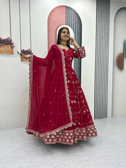 Teeya Creation Womens New Heavy Fox Georgette Fabric With Heavy Embroidery Work Red Kurta Set