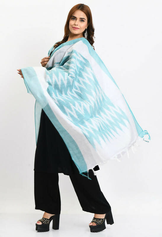 Mominos Fashion Moeza Women's Handloom Cotton Ikkat Sea Green Dupatta