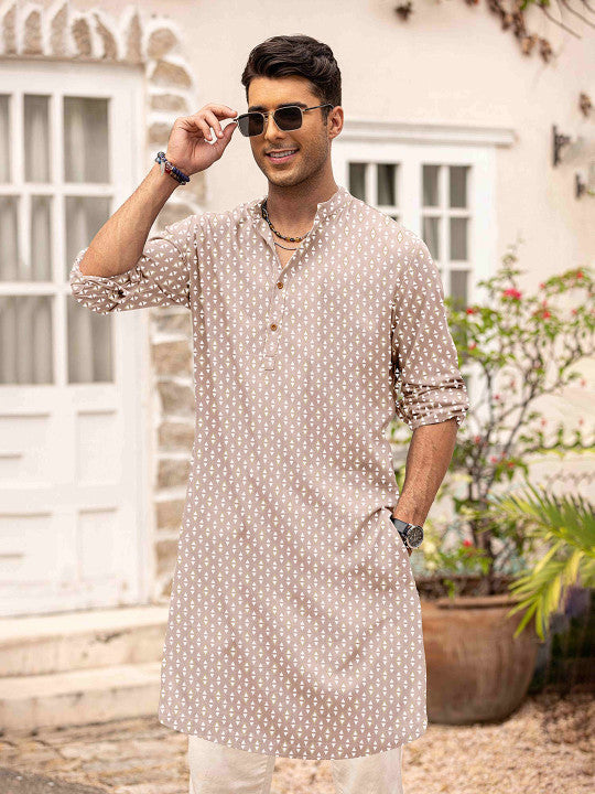 Anouk Geometric Printed Mandarin Collar Straight Cotton Kurta