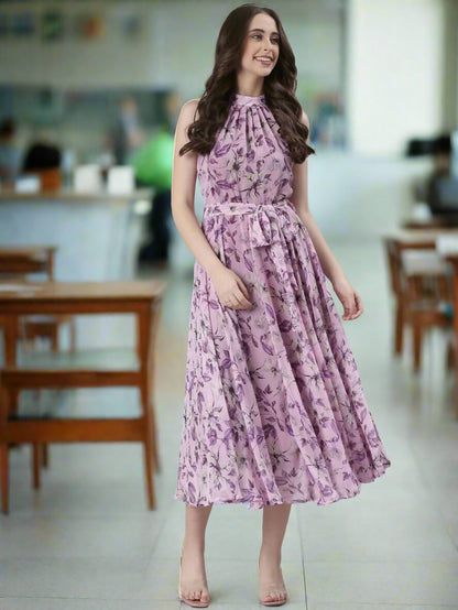 Souchii Lavender Floral Chiffon Dress -Souchii