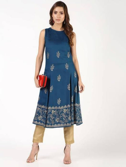 Aniyah Rayon Block Print Flared Blue Kurta (AN-149K)