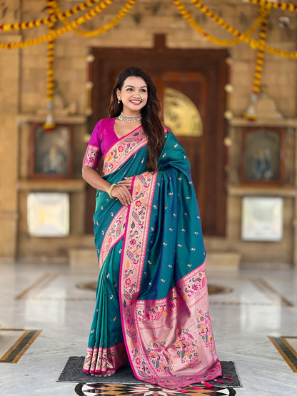 Mameraa Sarees Sky Blue Faux Banarasi Silk Saree With Paithani Rich Weaved Pallu And Blouse-Sky_Blue